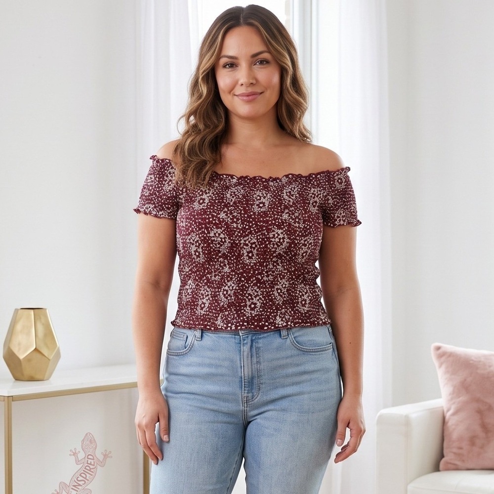 LA Hearts Smocked Crop Top Women XS Burgundy Floral Off Shoulder Boho Peasant